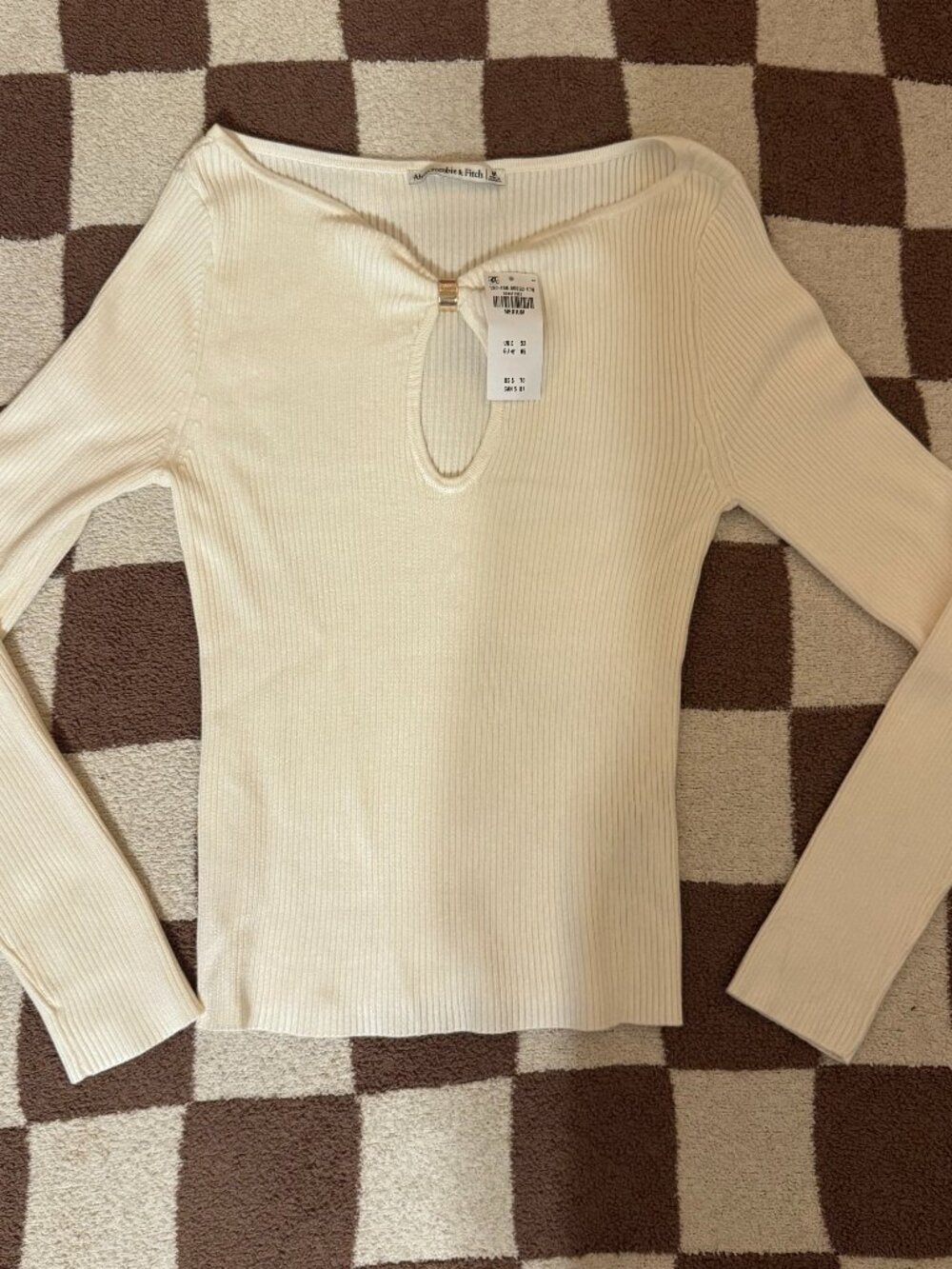 Abercrombie & Fitch Cream Ribbed Long Sleeve Shirt with Keyhole Front Opening